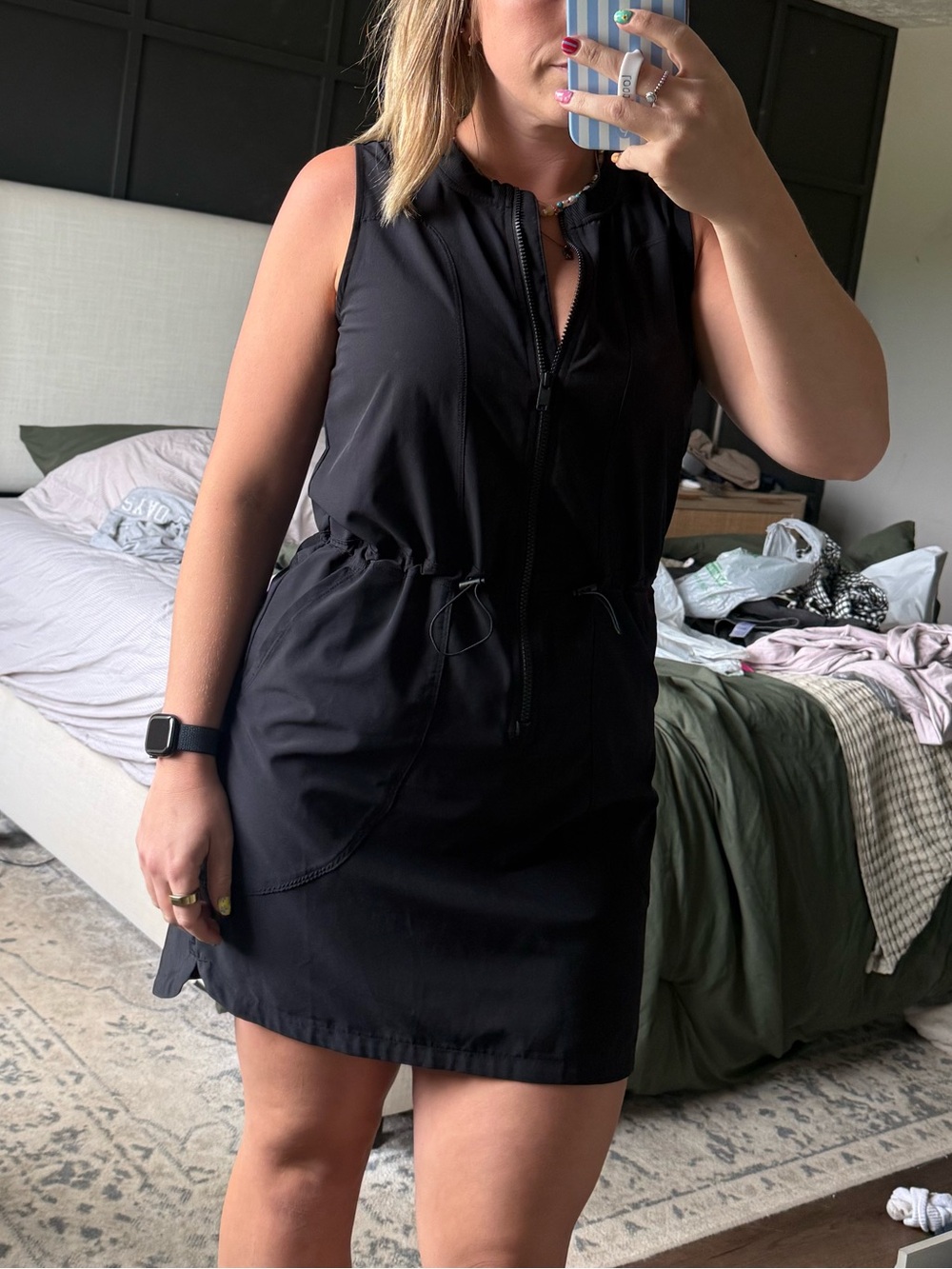 Zella Black Sleeveless Zip-Front Drawstring Mini Dress
